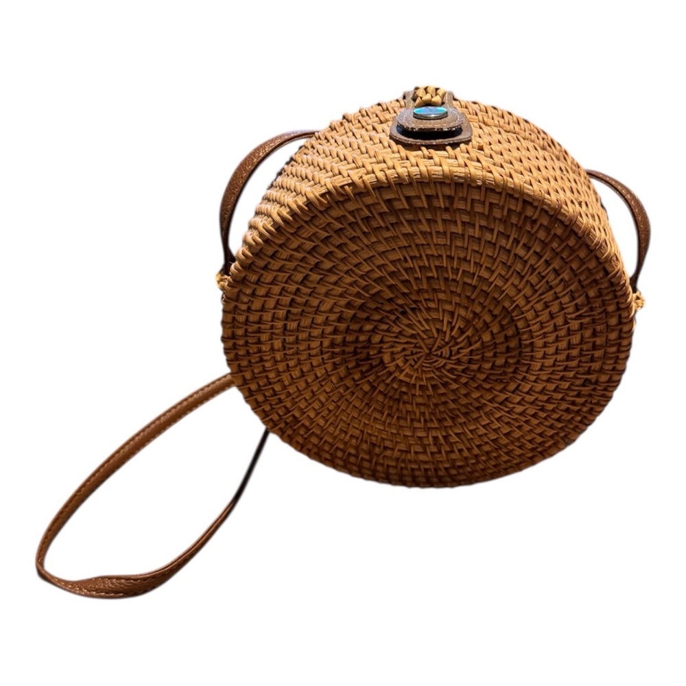 Handwoven Round Rattan Crossbody Bag with Tan Leather Strap Boho Travel Purse - Picture 6 of 8